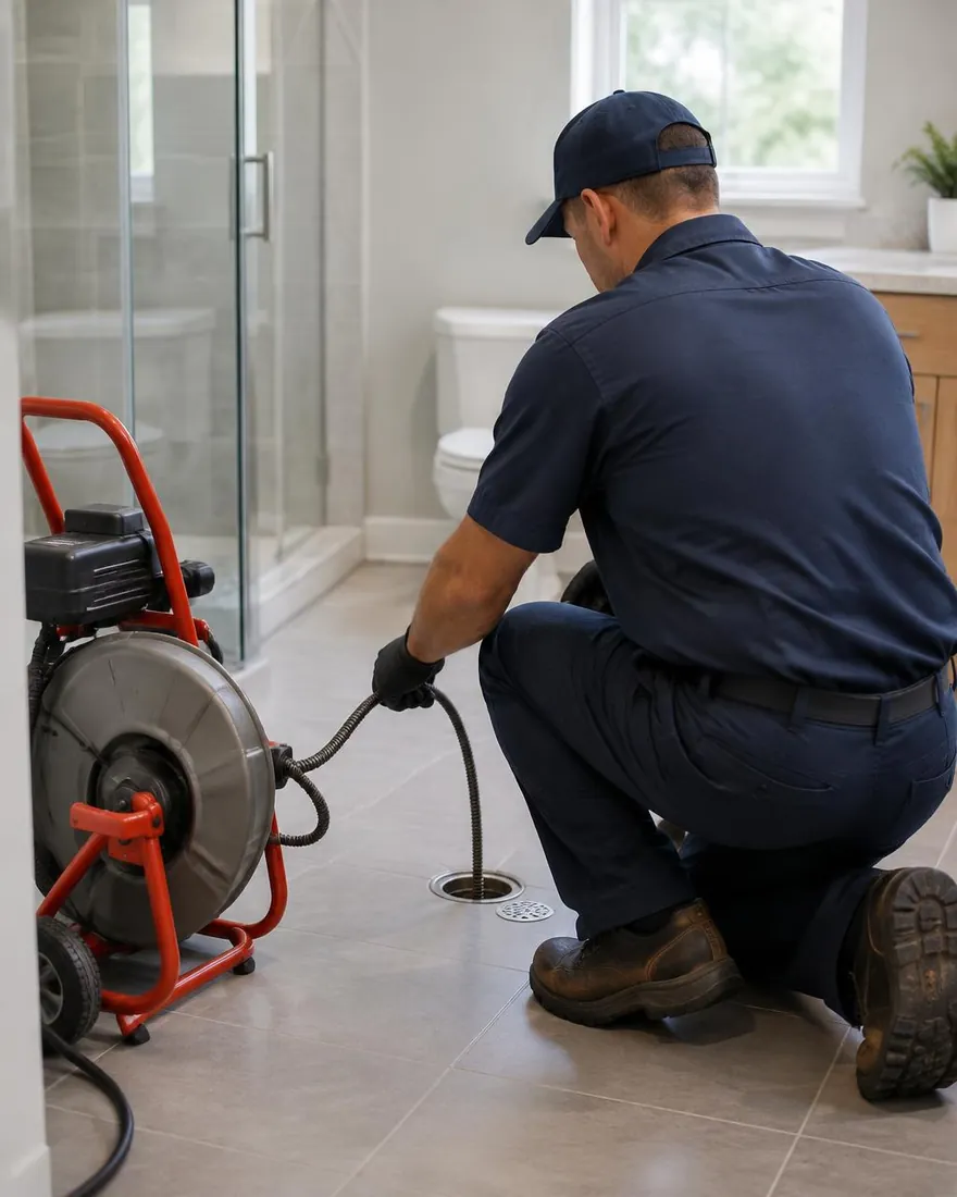 Técnico usando máquina de desentupimento em ralo de banheiro