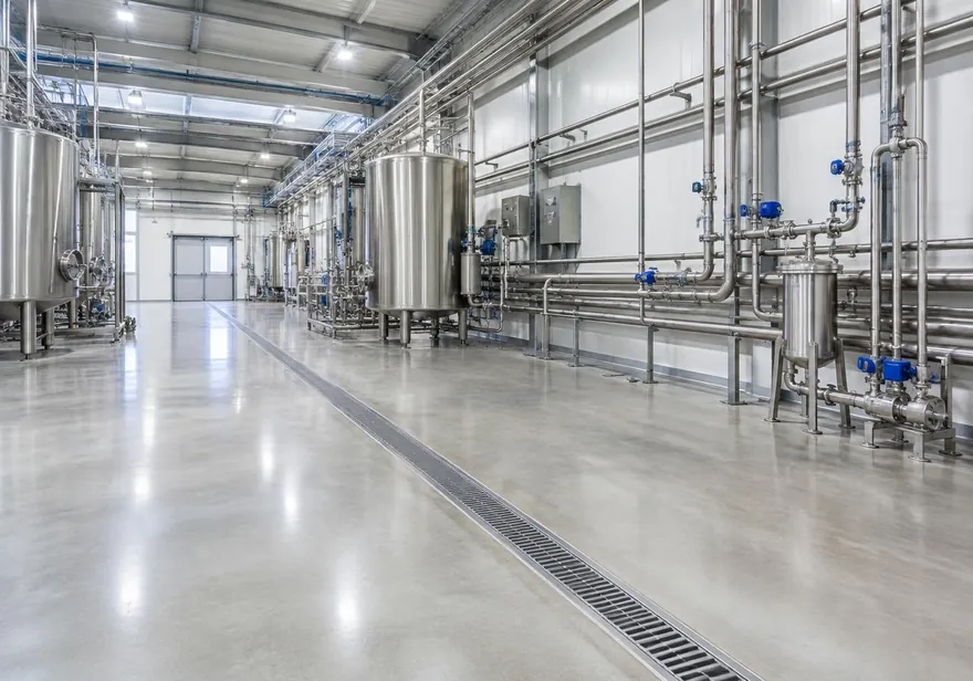 Área industrial com tubulações e ralo linear